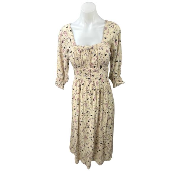 ba&sh Maya Beige Floral Print Square Neck 3/4 Sleeve Button Midi A-Line Dress S - Picture 3 of 7